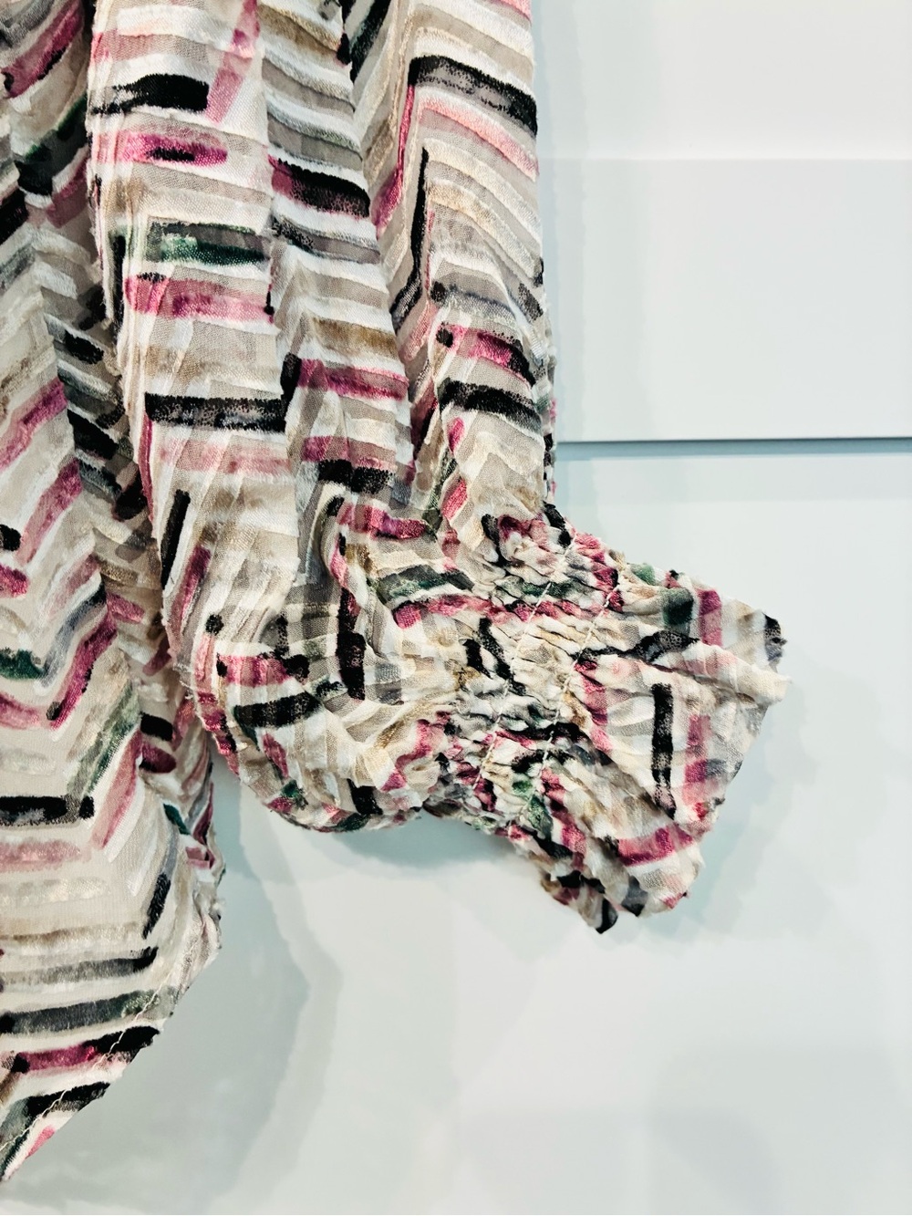 White House Black Market Smocked Off-Shoulder Velvet Top in Pink, Black & White - Picture 5 of 8